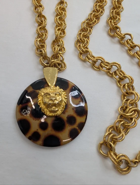 Vintage Gold Lion Medallion Necklace with Leopard-Pattern Disc - Picture 2 of 7